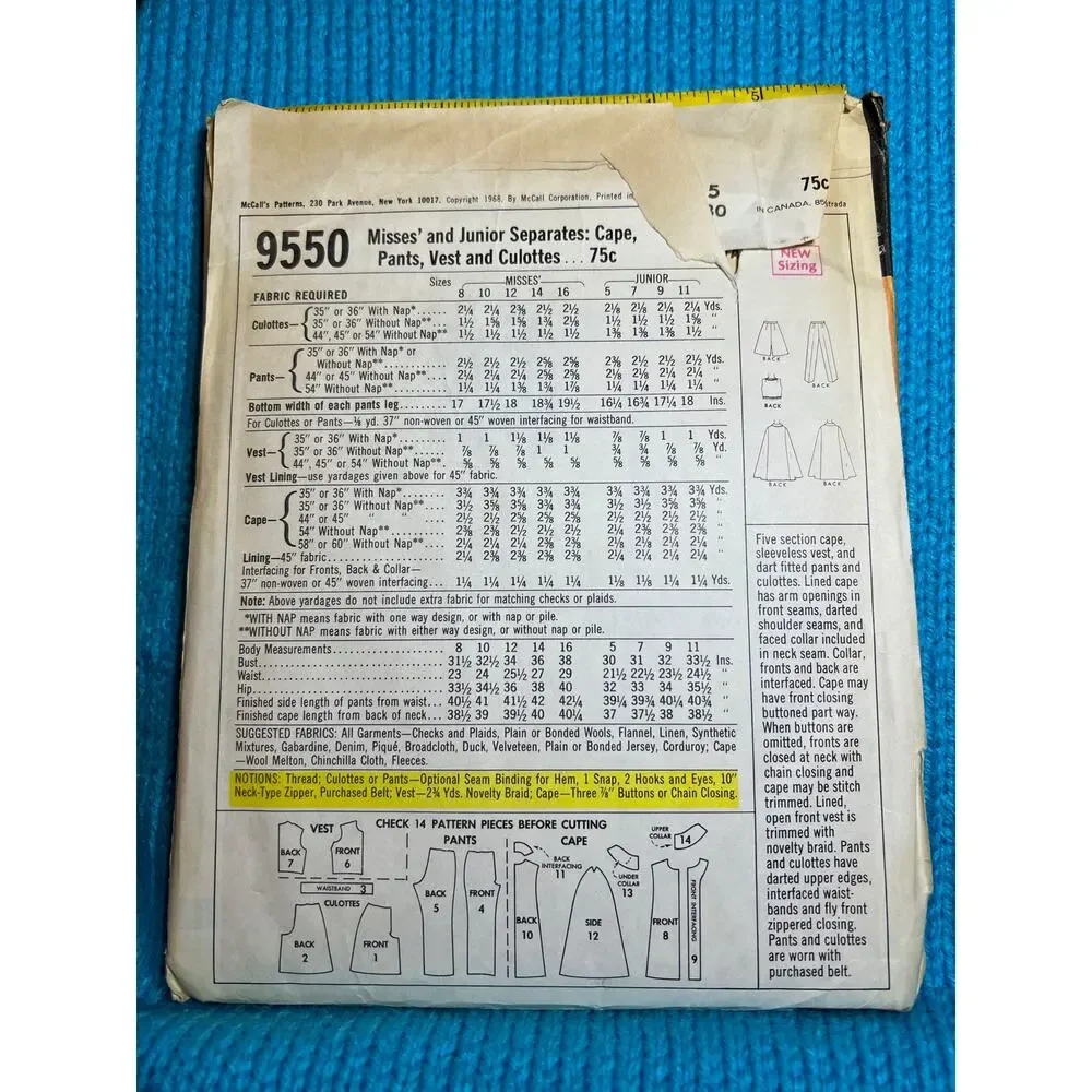 McCalls 9550 pattern top pants short cape 1970s size 5